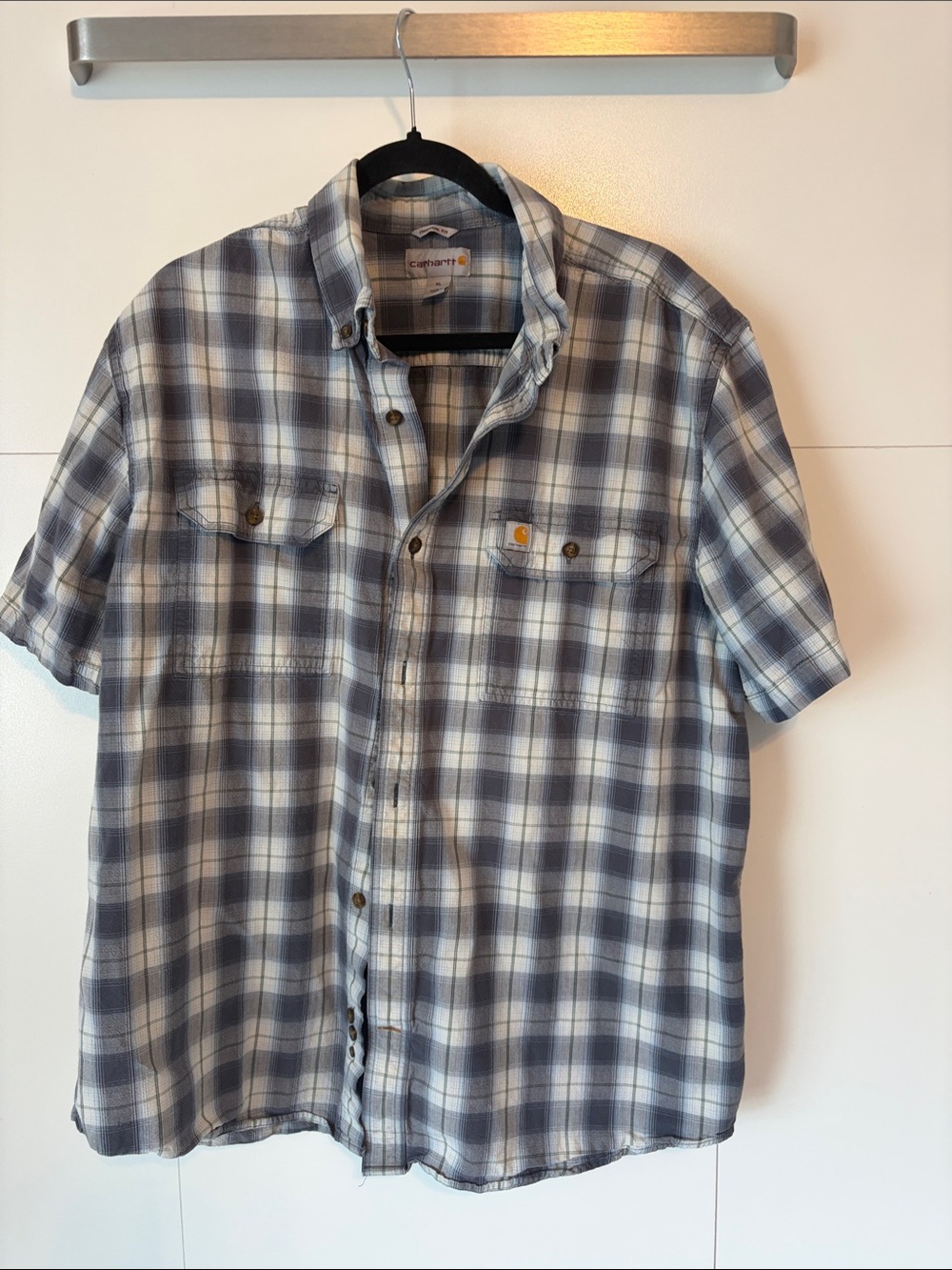 Carhartt Gray and White Plaid Short-Sleeve Button-Down Shirt